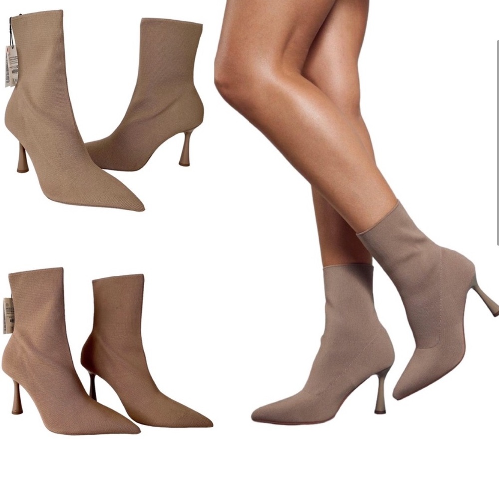NEW ZARA NUDE TAN SOCK STRETCH PULL ON ANKLE BOOTIES BOOTS SHOES
